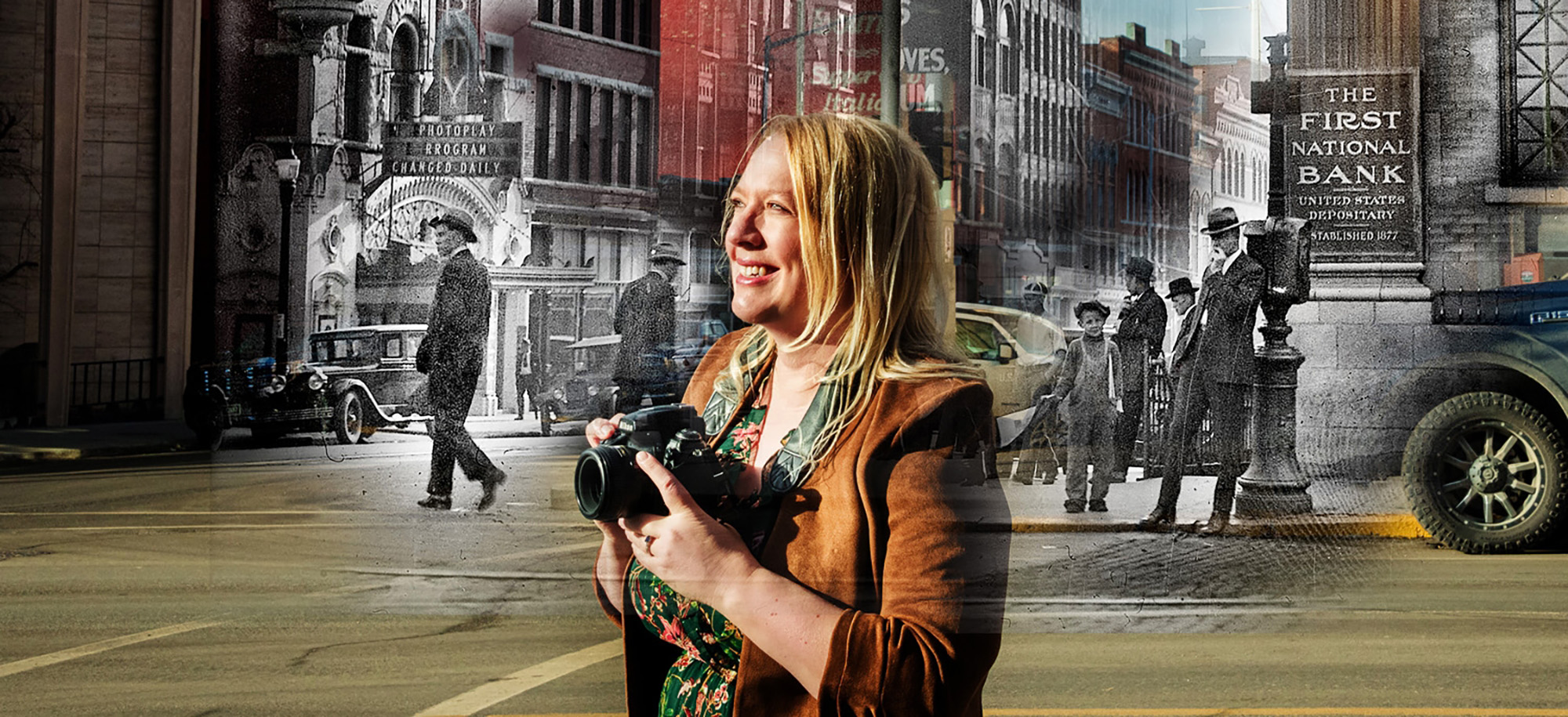Lisa Wareham Edwards with camera, overlaid on historic Butte streetscape